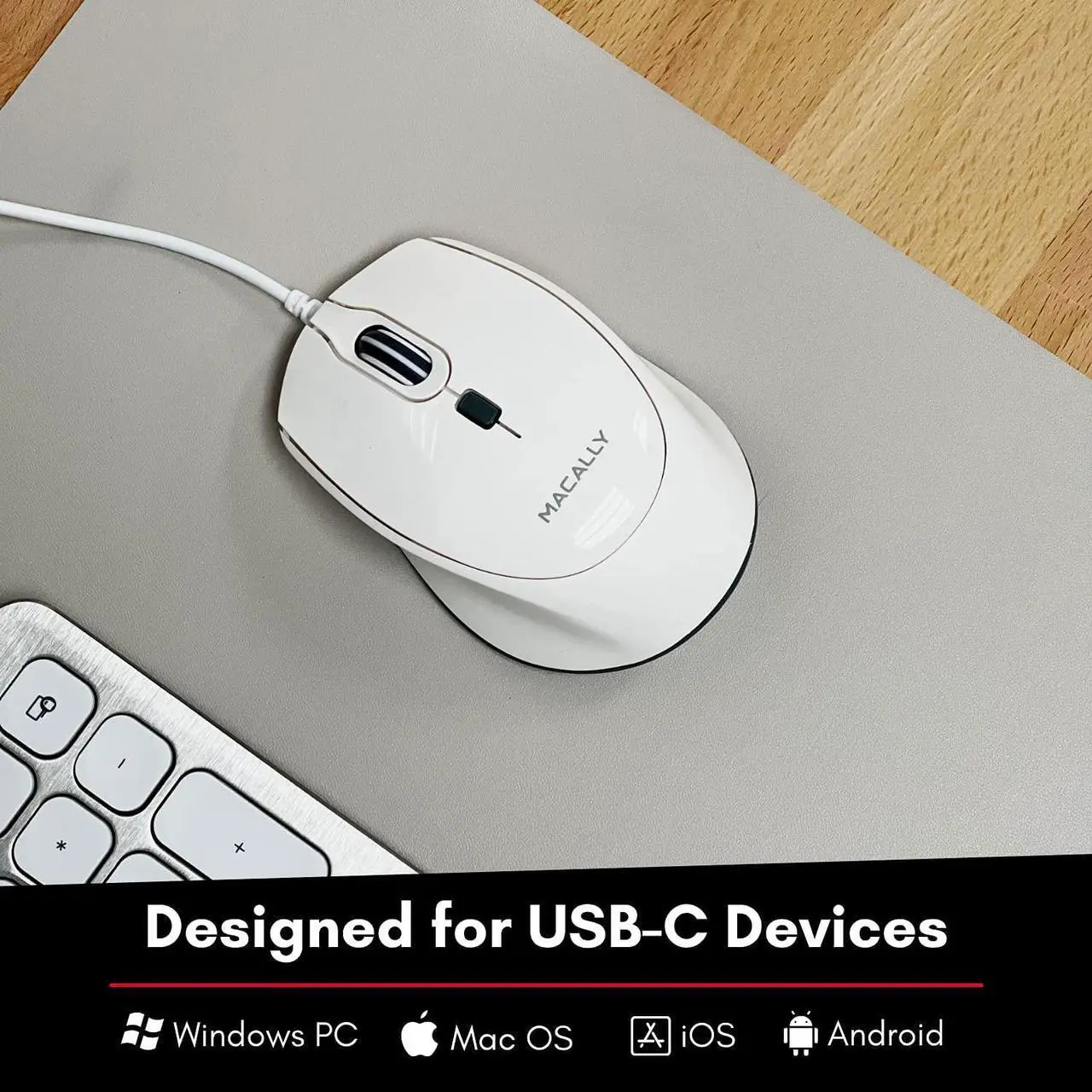 Alt view image 2 of 7 - Macally USB C Mouse for Mac - Precise and Comfortable - Wired Type C Mouse for Macbook Pro Air|PC|iOS|Android - Ambidextrous Body, Multiple DPI, and 5ft Cable - Plug and Play Optical Apple Mouse USB C