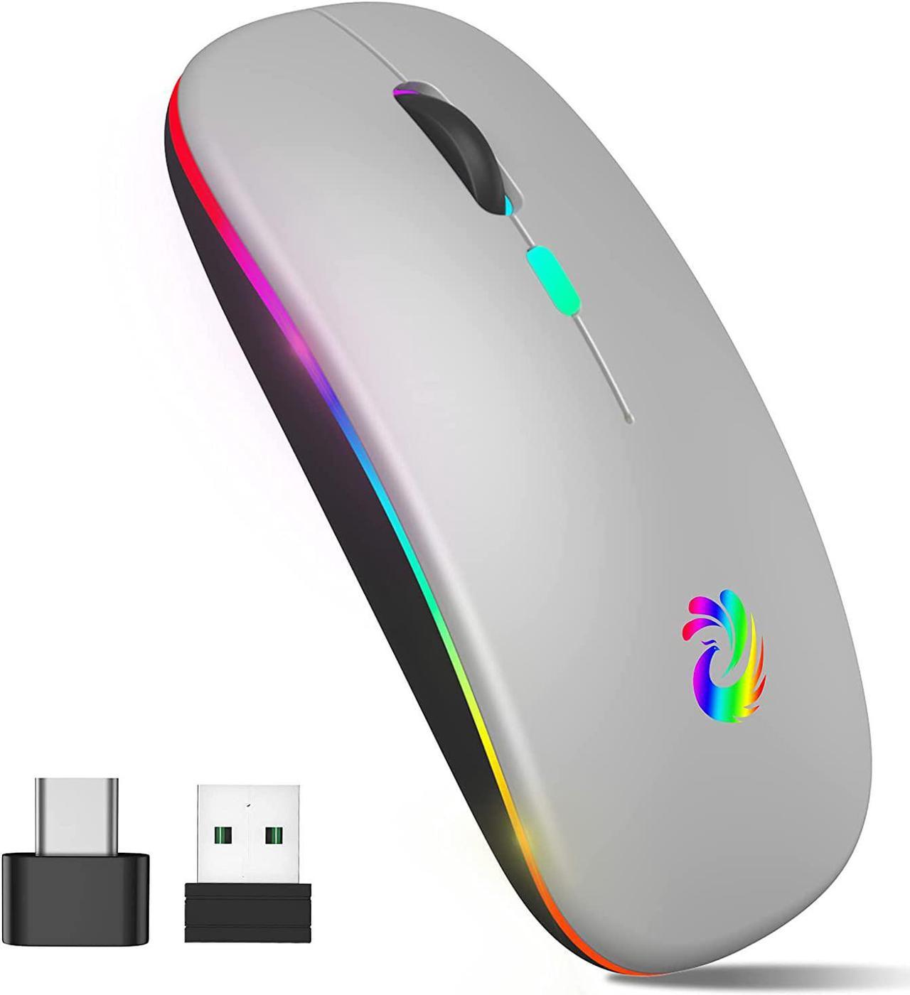 LED Wireless Mouse, Rechargeable Slim Silent Mice 2.4G Portable Office Optical Mouse with USB Receiver and Type-C Adapter, 3 Adjustable DPI for Laptop, Computer, PC, Notebook, Desktop (Silver)