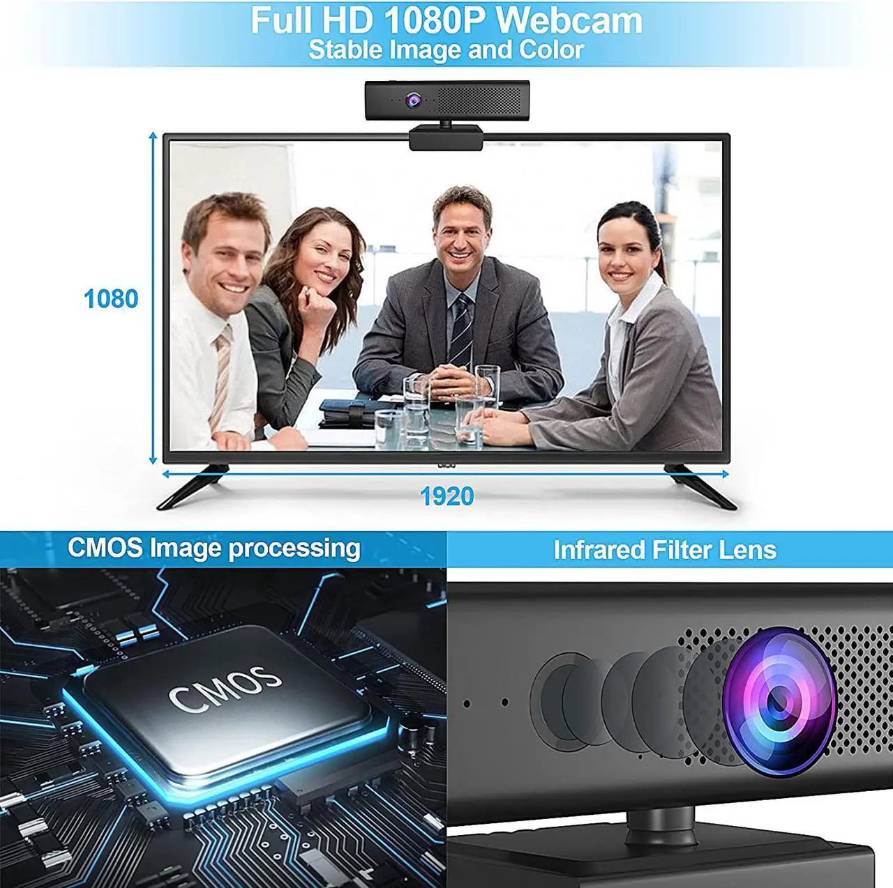 Alt view image 3 of 6 - Conference Webcam with Speaker and 4 Microphones, HD 1080P Video Web Cam with Privacy Cover, Business Web Camera for Desktop PC Computer & Laptop, USB Camera for Zoom Conferencing/Gaming/Streaming
