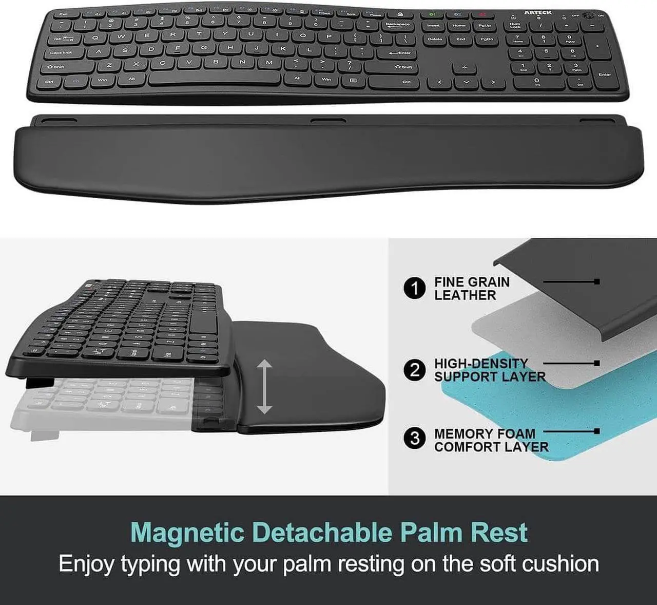 Alt view image 3 of 7 - Arteck Bluetooth Keyboard Universal Wave Ergonomic Keyboard with Palm Rest Multi-Device Full Size Wireless Keyboard for Windows iOS iPad OS Android, Computer Desktop Laptop Surface Tablet Smartphone