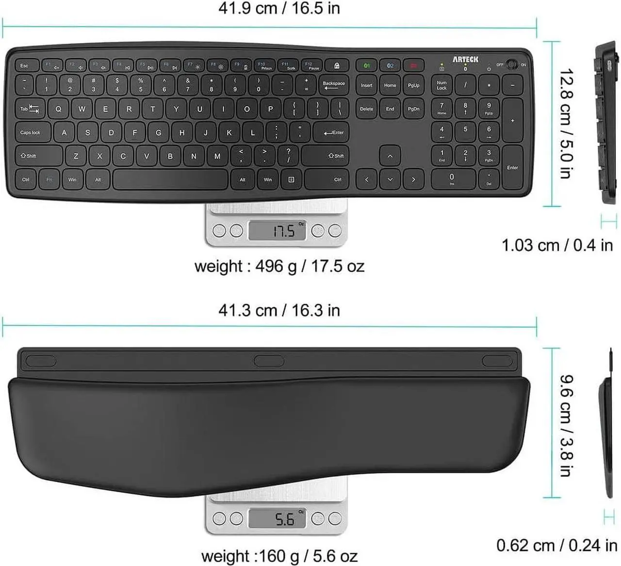 Alt view image 6 of 7 - Arteck Bluetooth Keyboard Universal Wave Ergonomic Keyboard with Palm Rest Multi-Device Full Size Wireless Keyboard for Windows iOS iPad OS Android, Computer Desktop Laptop Surface Tablet Smartphone