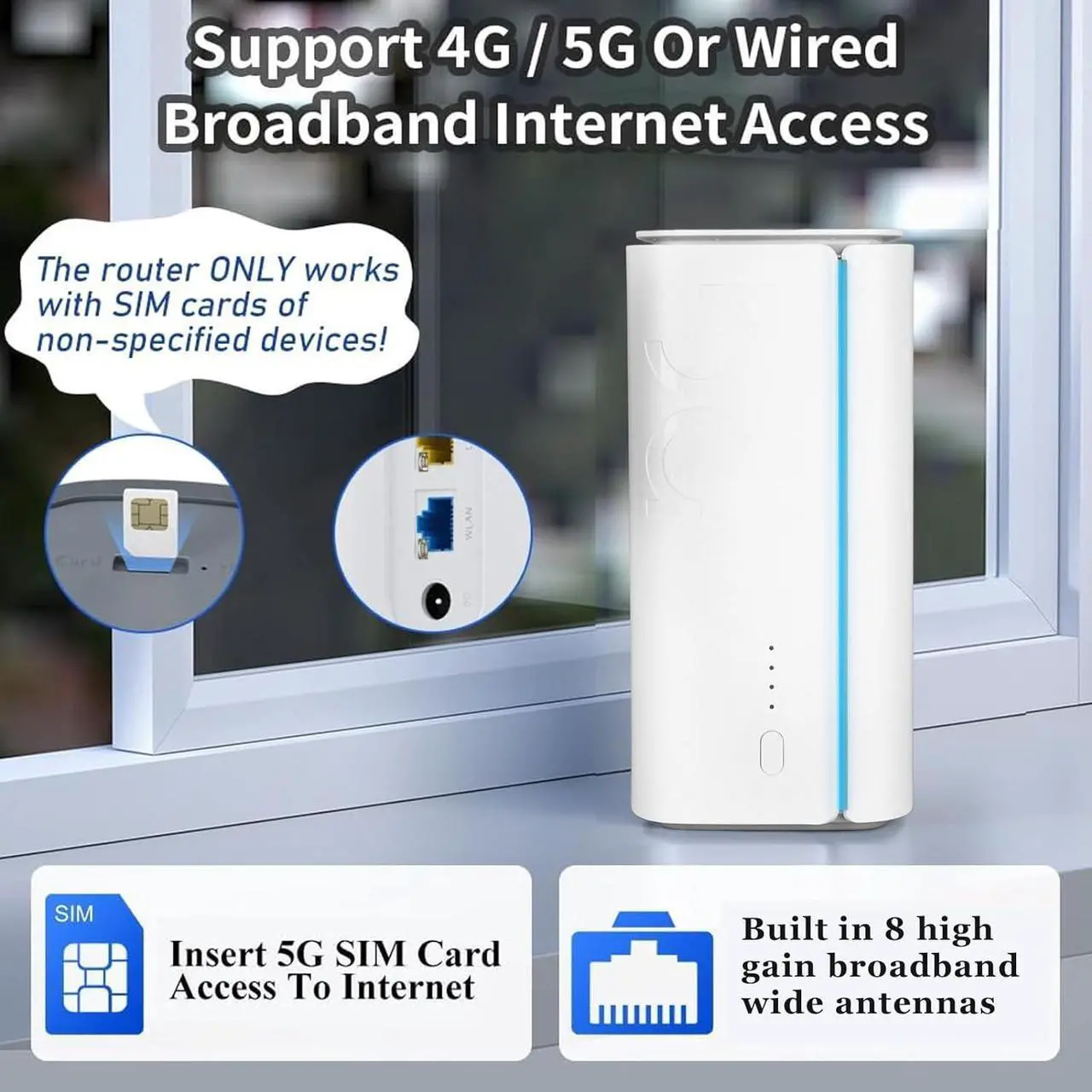 Alt view image 5 of 7 - Newest Updated 5G WiFi Router, 5G NR SA NSA Router with SIM Card Slot, WiFi 6 Router 5G Dual Band Network Router, Wireless Gigabit Router with 8 High Gain Antennas (US)