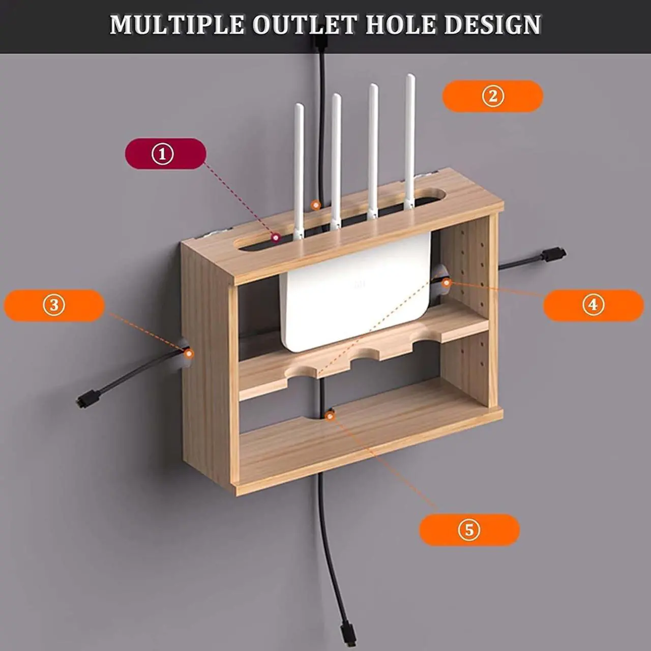 Alt view image 2 of 7 - oiakus Wall Mount WiFi Router Storage Box, Wooden Router Shelf, Wood WiFi Network Set-top Box Modem Cable Router Cover Organized Power for Home Bedroom Living Room