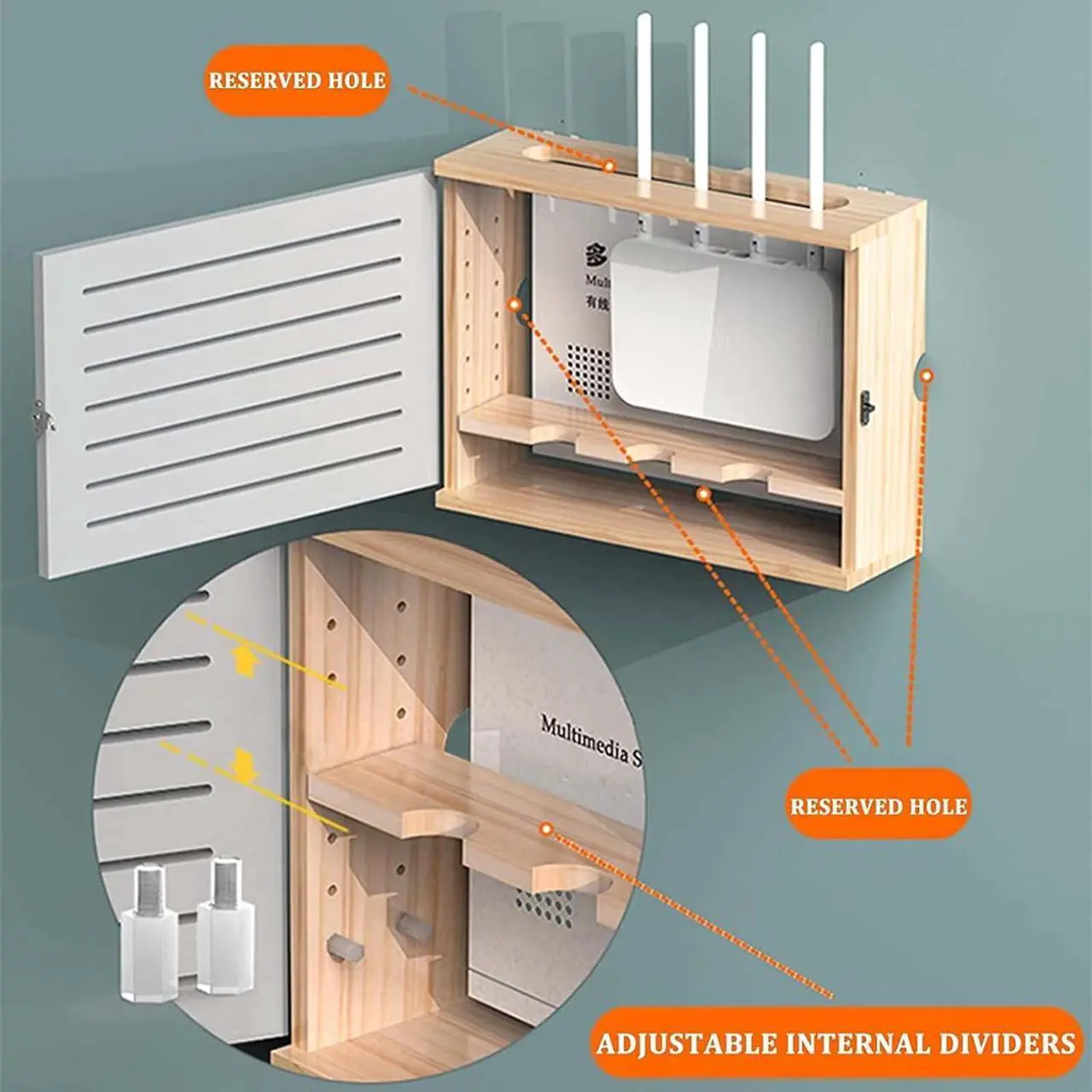 Alt view image 3 of 7 - oiakus Wall Mount WiFi Router Storage Box, Wooden Router Shelf, Wood WiFi Network Set-top Box Modem Cable Router Cover Organized Power for Home Bedroom Living Room