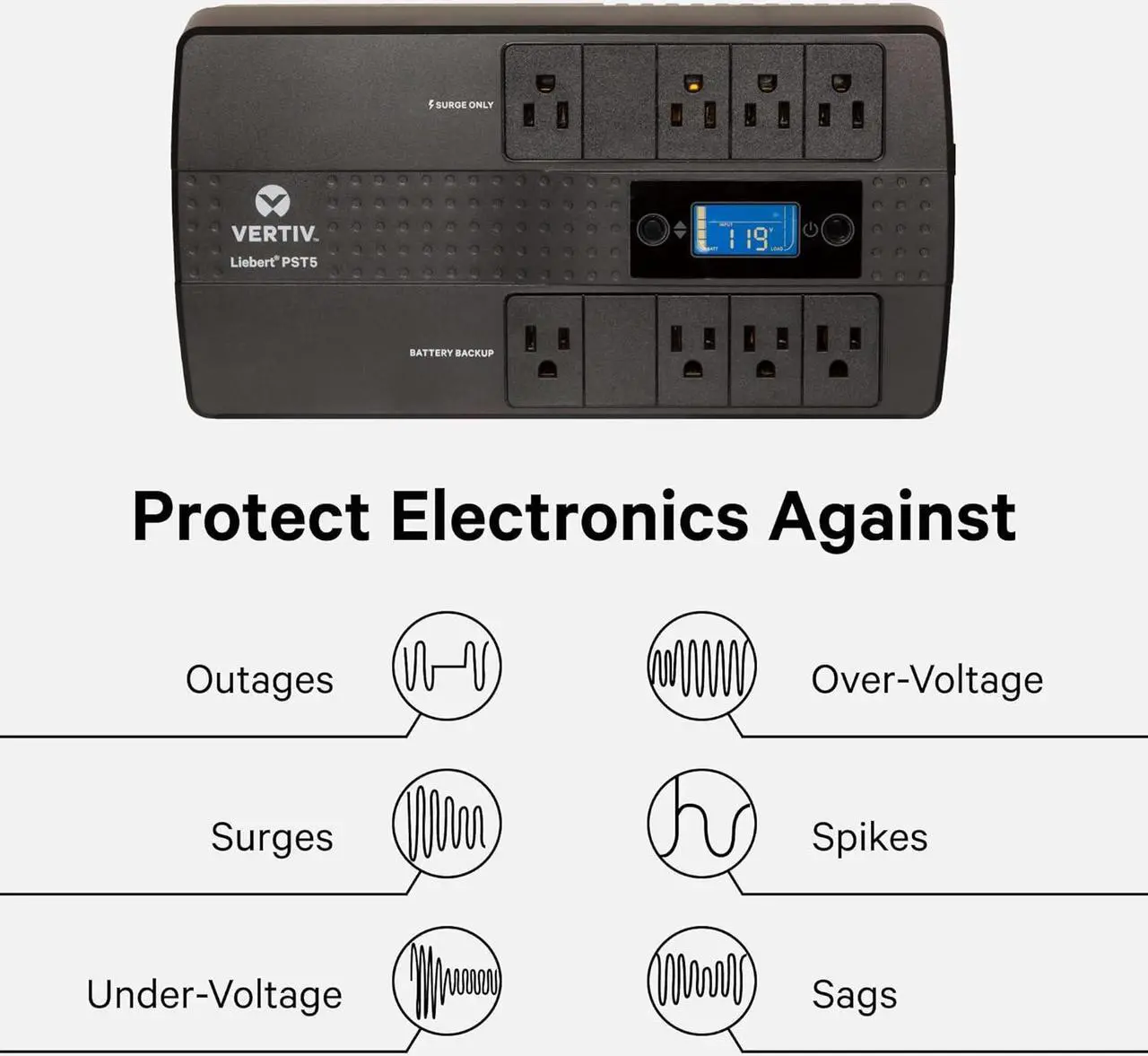Alt view image 4 of 6 - Vertiv Liebert PST5 UPS - 850VA/500W 120V Standby Power, 8 Outlets, Battery Backup with Surge Protection, LCD Screen, Energy Star Certified, 3 Year Warranty, Free Shutdown Software (PST5-850MT120)