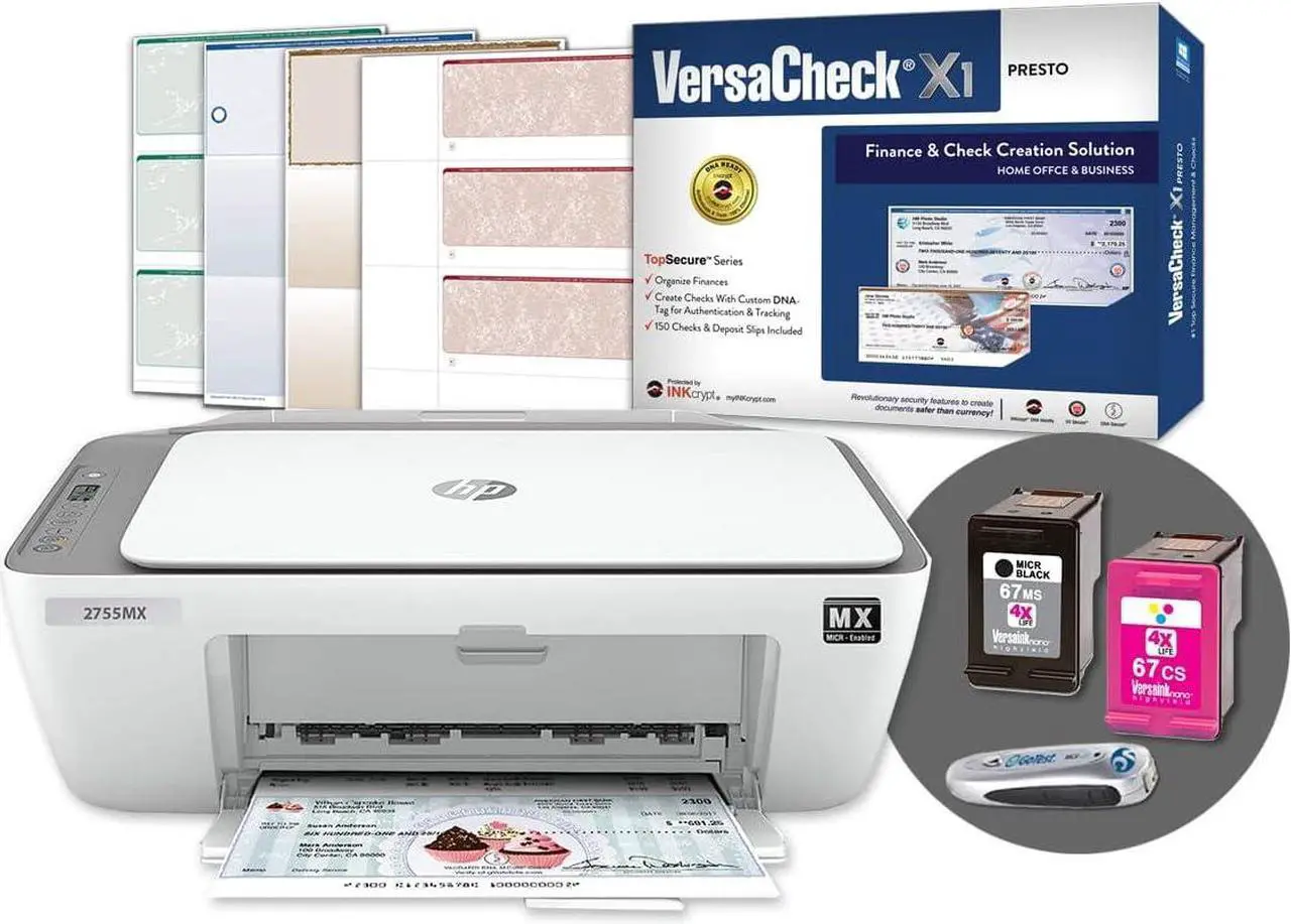 Main image of VersaCheck HP DeskJet 2755 MXE MICR All-in-One Printer Presto Printing Software Bundle White