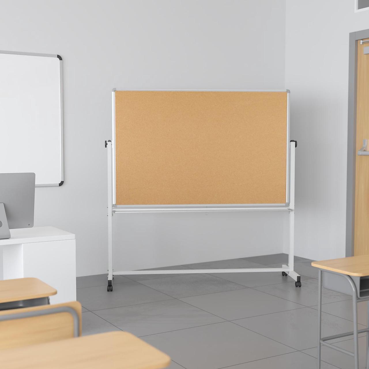Alt view image 18 of 20 - HERCULES Series 64.25"W x 64.75"H Reversible Mobile Cork Bulletin Board and White Board with Pen Tray