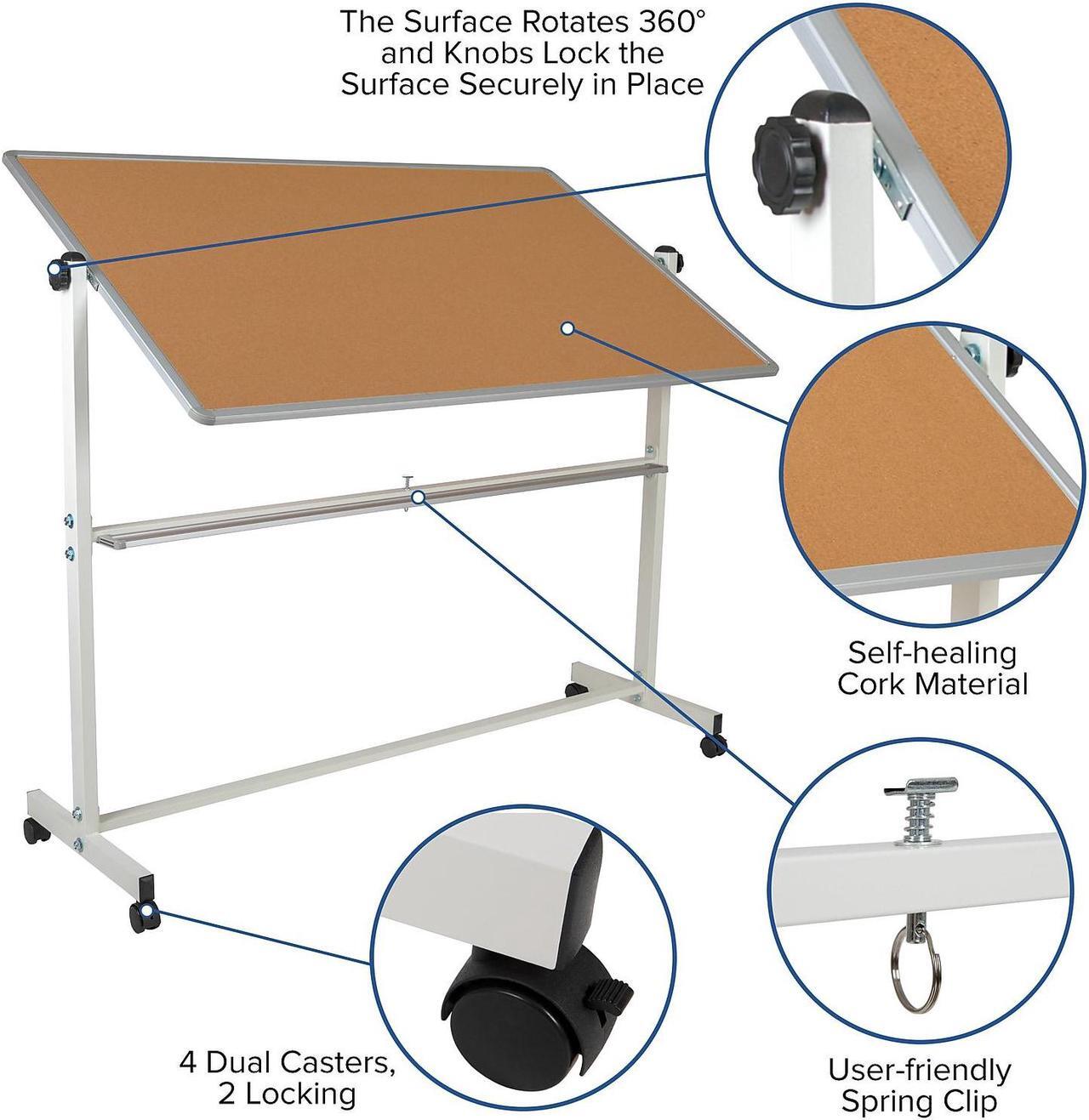 Alt view image 20 of 20 - HERCULES Series 64.25"W x 64.75"H Reversible Mobile Cork Bulletin Board and White Board with Pen Tray