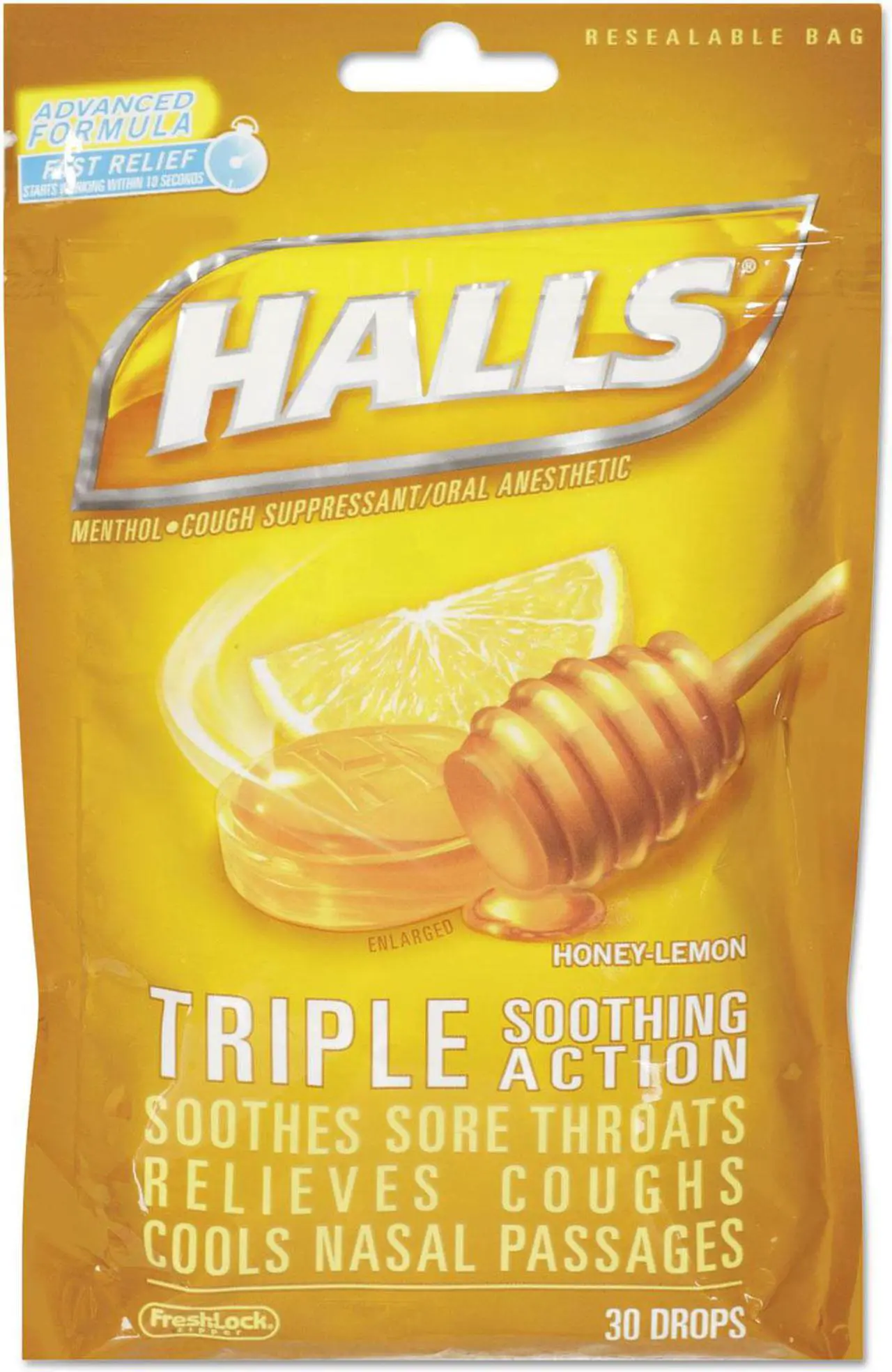 Main image of Halls Triple Action Cough Drops Honey-Lemon 30/Bag 28694