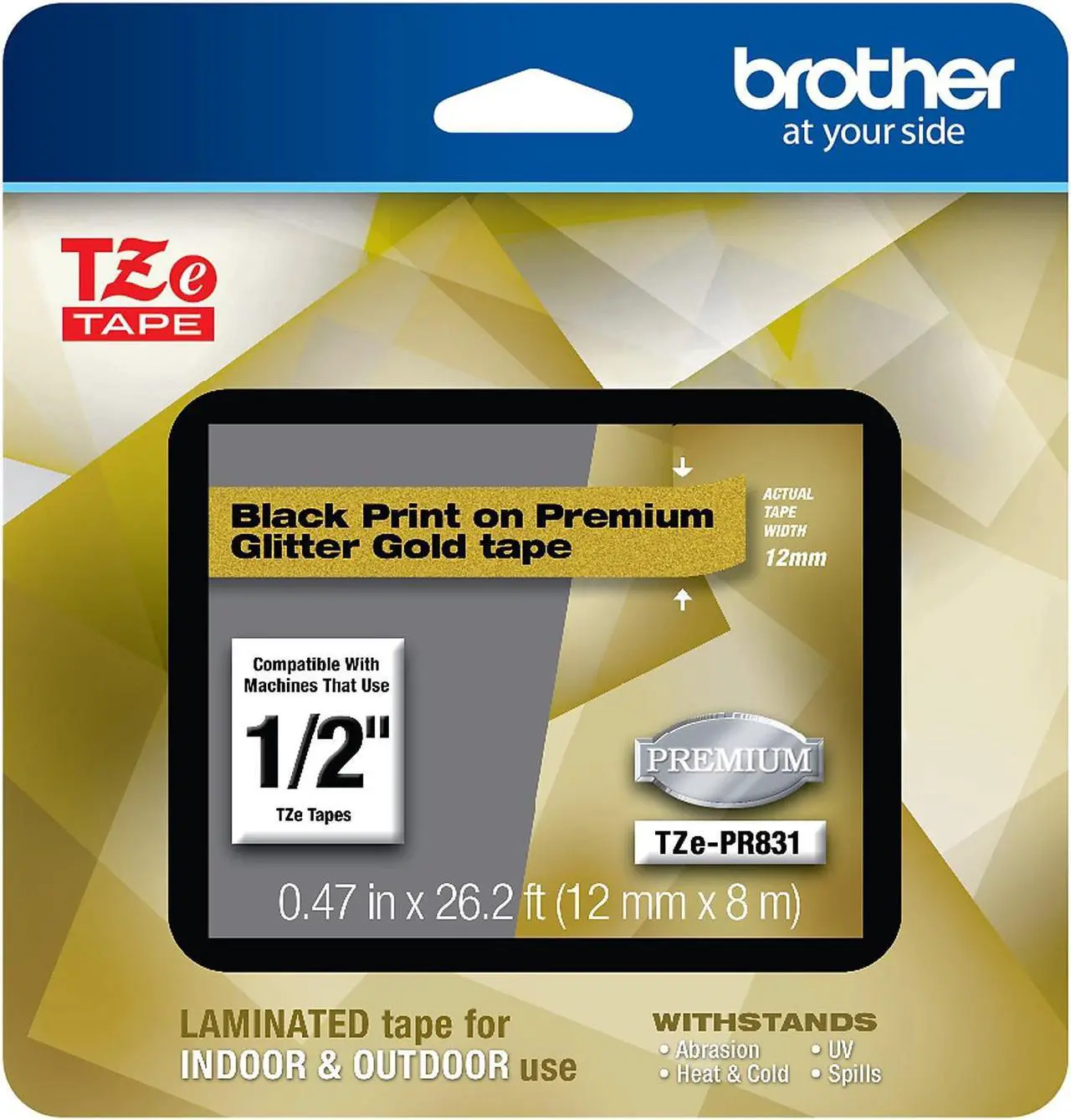 Alt view image 14 of 16 - Brother TZePR831 Black Print on Premium Glitter Gold Laminated Tape for P-touch Label Maker, 12mm (0.47”) wide x 8m (26.2') long