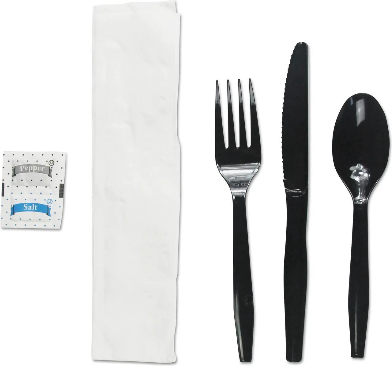 Alt view image 5 of 5 - Boardwalk FKTNSMWPSBLA Six-Piece Cutlery Kit, Condiment / Fork / Knife / Napkin / Teaspoon, Black, 250 / Carton