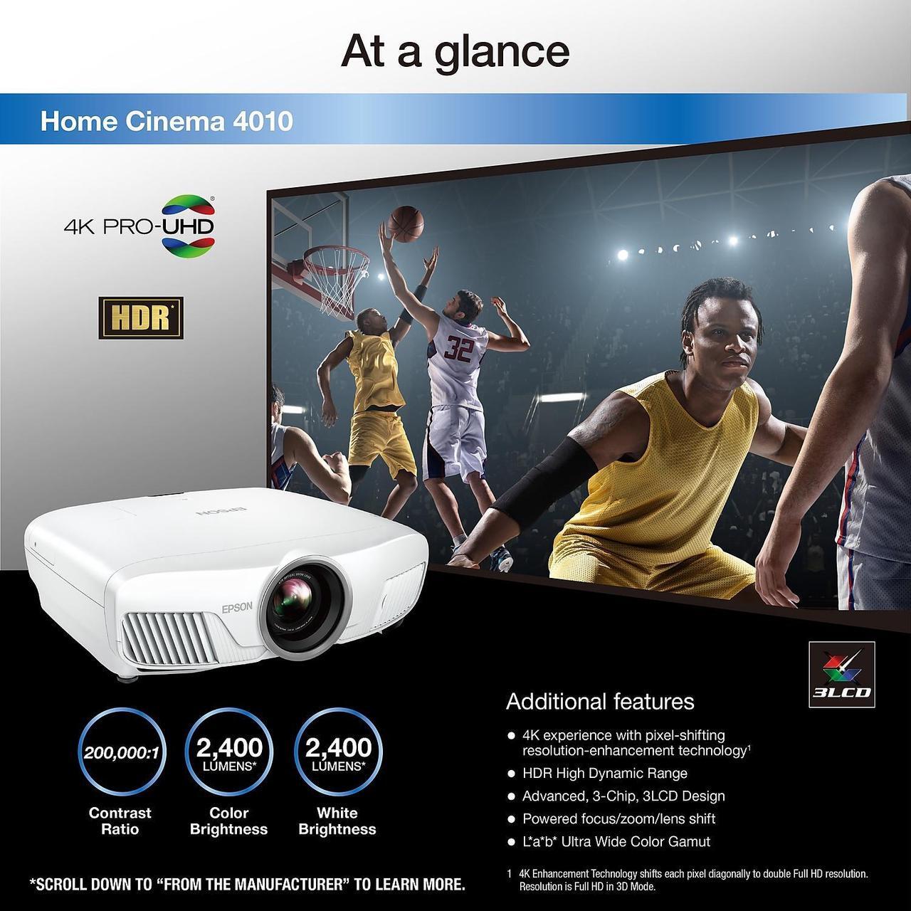 Alt view image 11 of 16 - Epson Home Cinema 4010 4K Pro-UHD Home Theater Projector with Advanced 3-Chip Design and HDR 2400 lumens, V11H932020