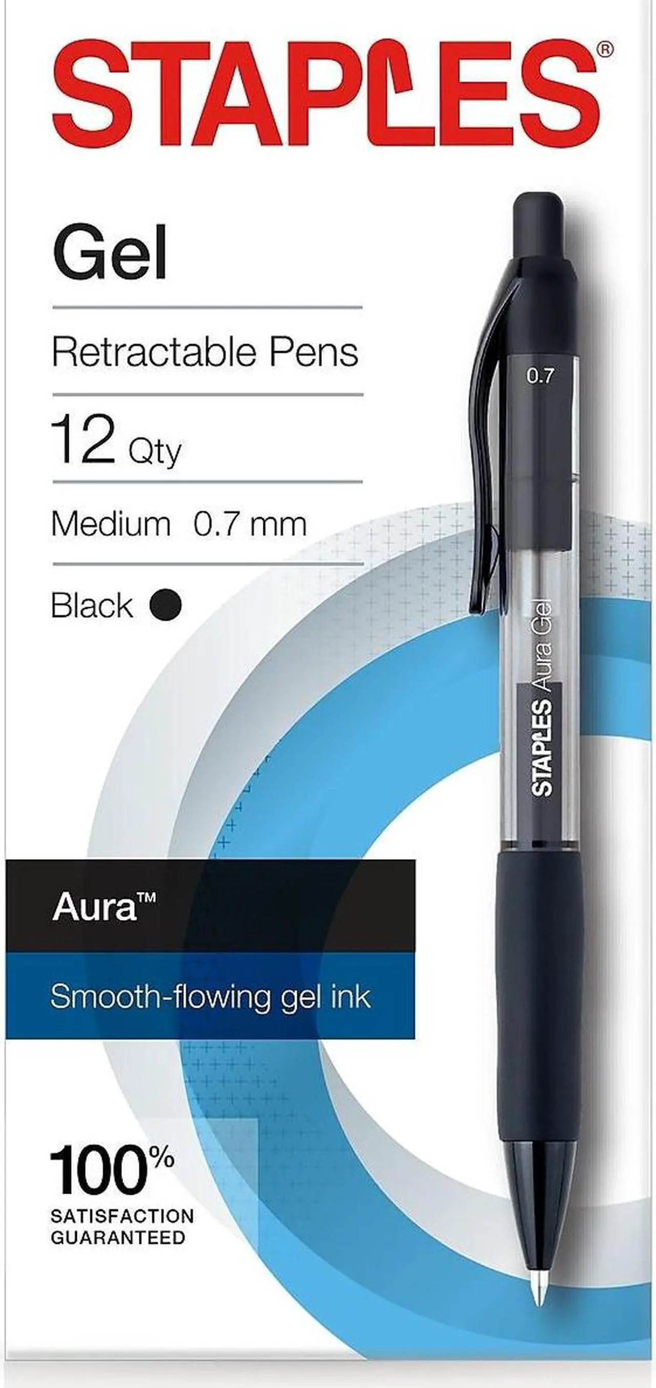 Main image of STAPLES AURA GEL RETRACTABLE PENS 0.7MM BLACK 12PK (29195) 2072167