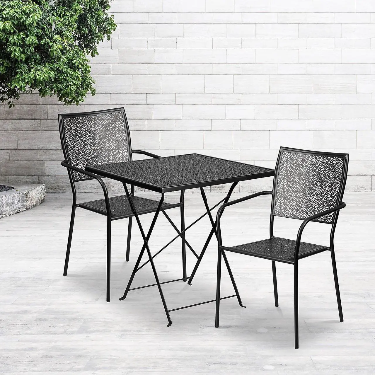 Alt view image 16 of 19 - 28'' Square Black Indoor-Outdoor Steel Folding Patio Table Set with 2 Square Back Chairs