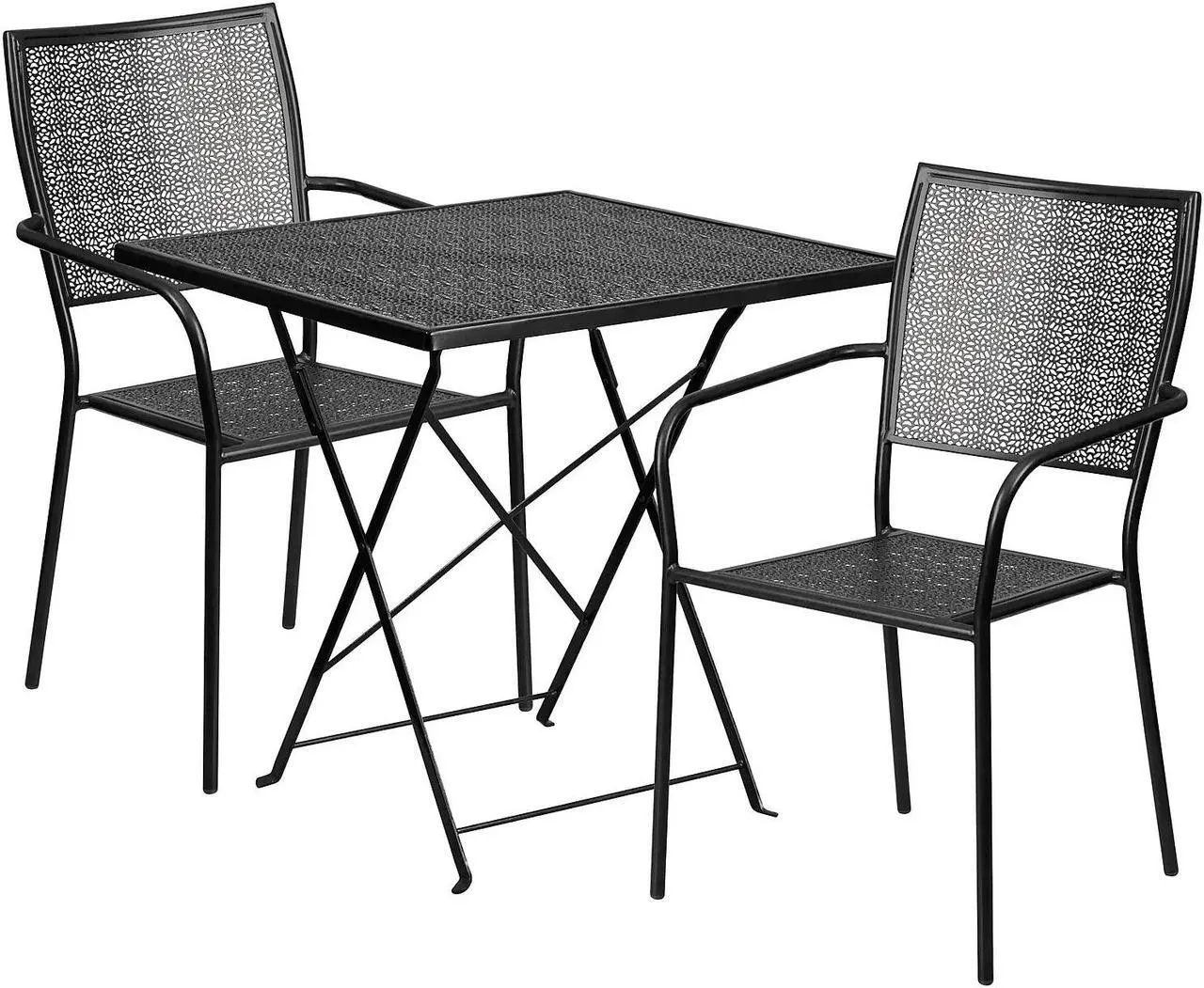 Alt view image 15 of 19 - 28'' Square Black Indoor-Outdoor Steel Folding Patio Table Set with 2 Square Back Chairs
