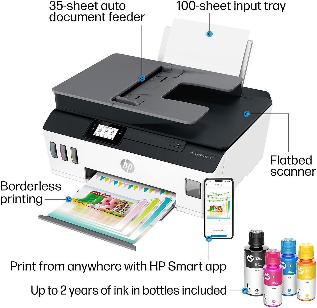 Alt view image 9 of 14 - HP Smart Tank Plus 651 Wireless All-in-One InkJet Printer, Color Mobile Print,