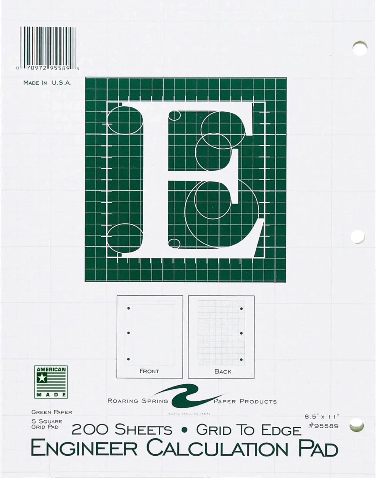 Alt view image 7 of 8 - Roaring Spring 95589 Engineering Pad 200 Sheets Letter 8.50" x 11" - 1Each - Green Paper