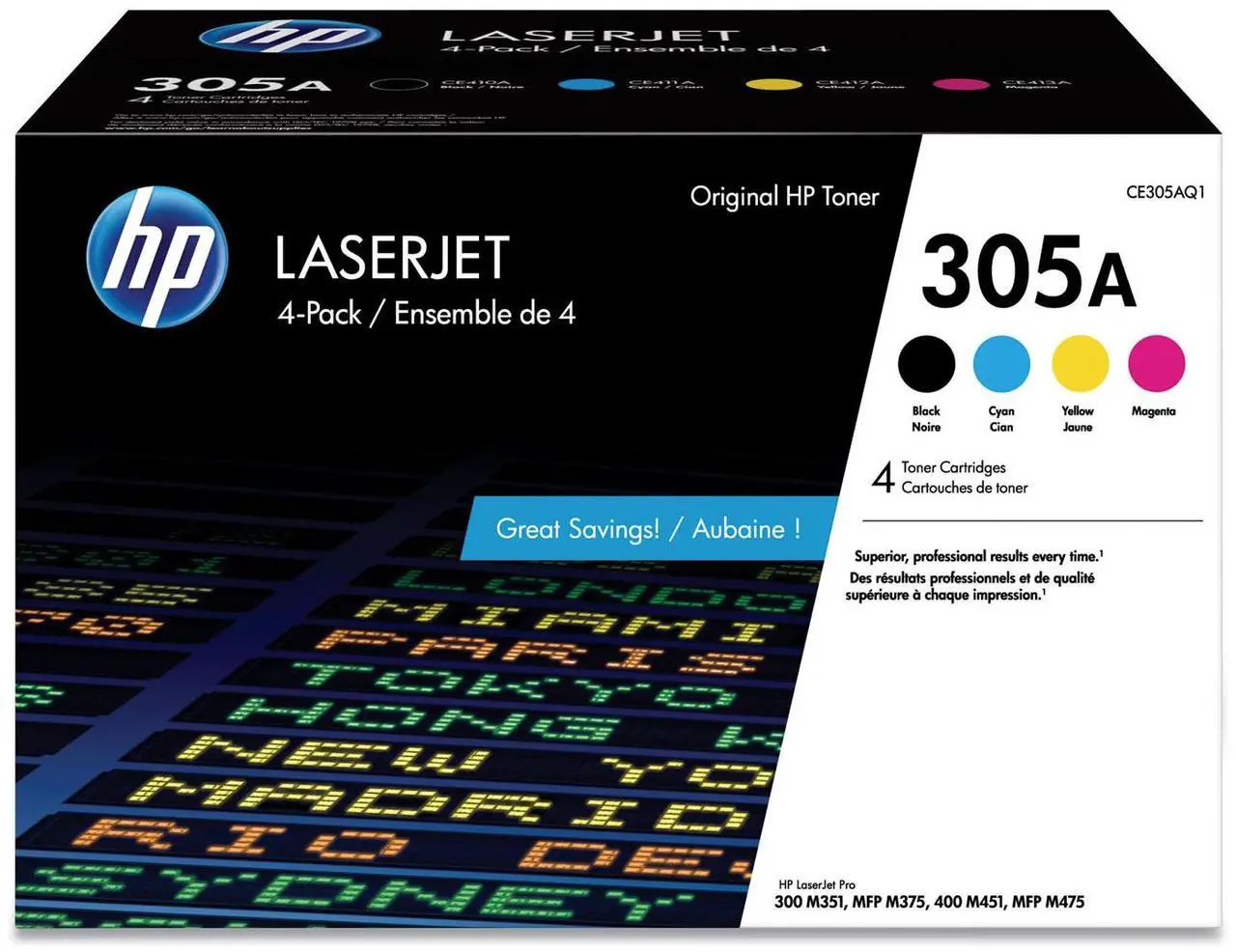 Alt view image 9 of 15 - HP 305A 4-pack Black/Cyan/Magenta/Yellow Original LaserJet Toner Cartridges,