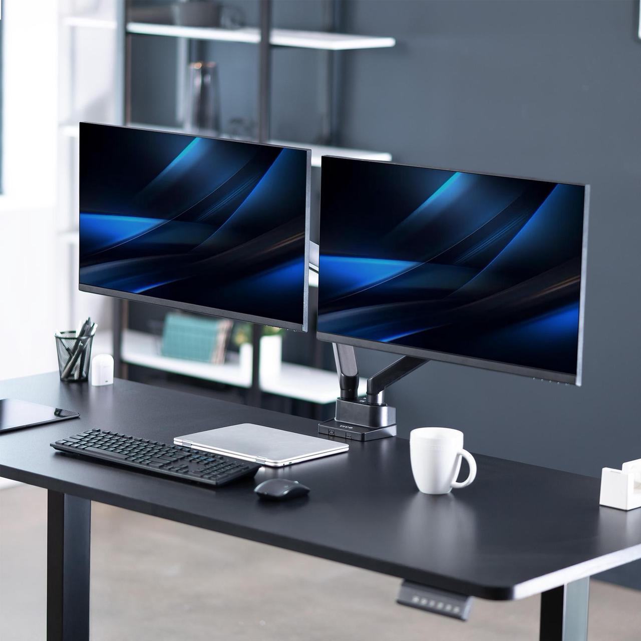 Alt view image 2 of 7 - VIVO Premium Aluminum Full Motion Dual Monitor Arm Desk Mount Stand, Fits Ultrawide Screens up to 35" (STAND-V102BB)