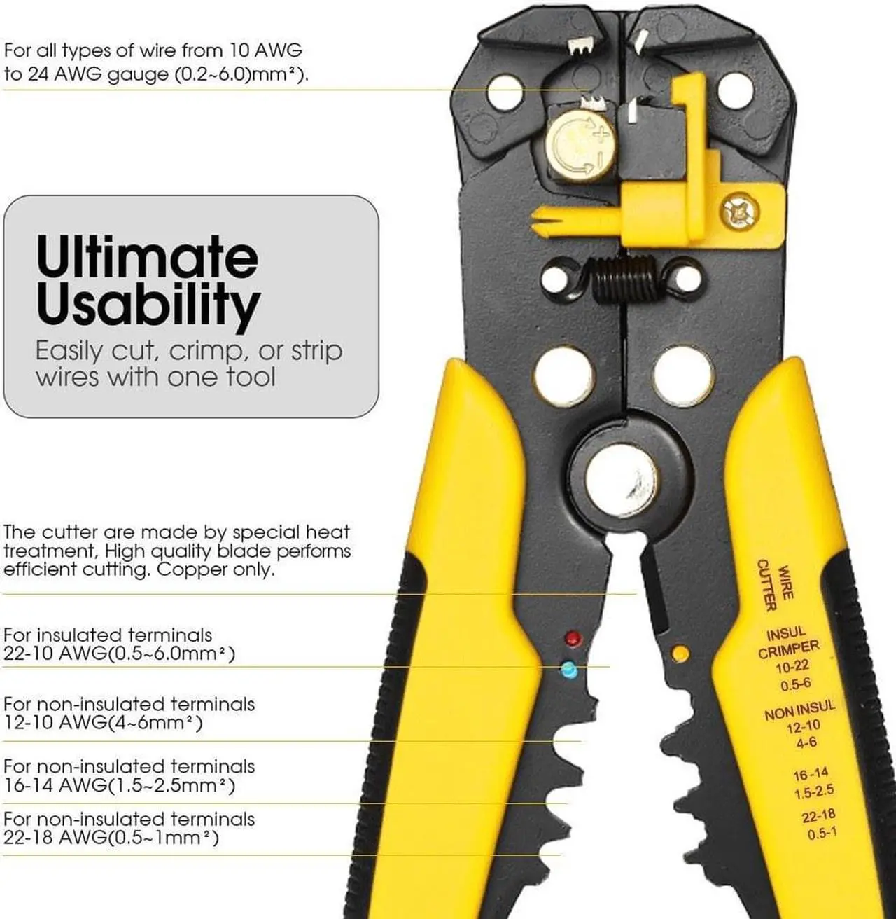 Alt view image 6 of 6 - Multi-functional 8" Self-adjusting Cable Wire Stripper With Cutter & Crimper Automatic Wire Stripping Pliers Crimping Tool 10-24AWG -  Yellow
