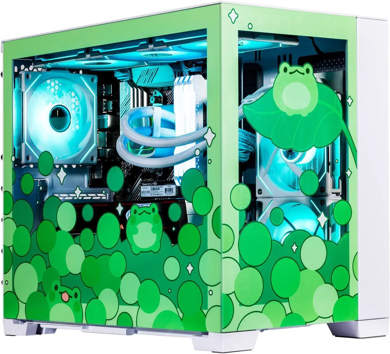 Main image of Velztorm Minty Frog Custom Built Gaming Desktop PC (AMD Ryzen 7 5700X 8-Core, 64GB RAM, 2TB PCIe SSD + 2TB HDD (3.5), Radeon RX 6900 XT, Wifi, Bluetooth, HDMI, USB 3.2, Display Port, Win 11 Home)