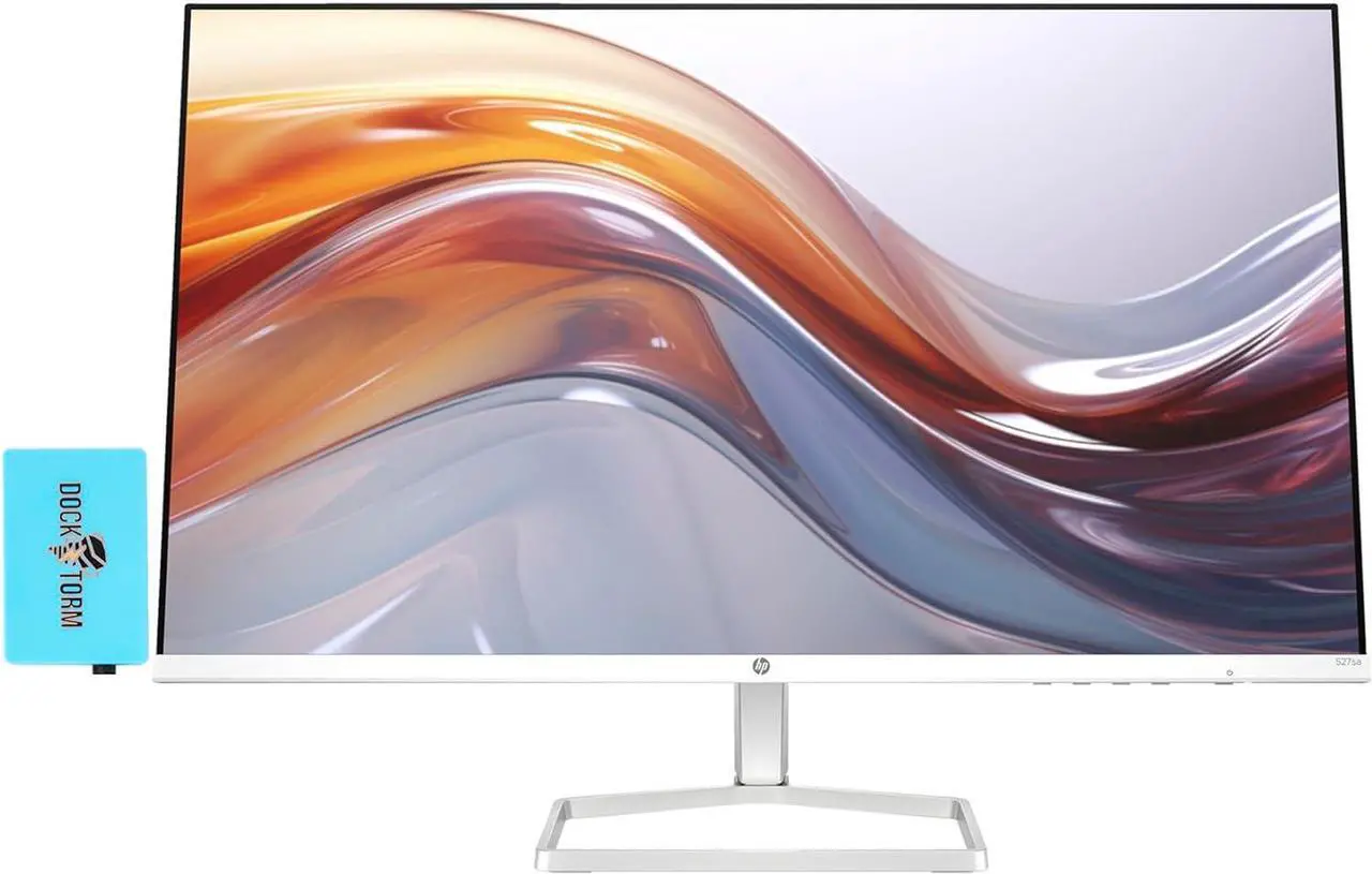 Main image of HP 27" FHD IPS (1920x1080) Monitor with Speakers Bundle with Docztorm Dock, 100Hz Refresh Rate, 2X HDMI, 1x VGA, Flicker-Free, Ideal for Home & Business, White/Silver (2024 Latest Model)