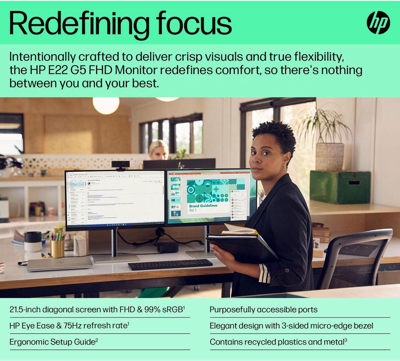 Alt view image 6 of 7 - HP E22 G5 6N4E8AA#ABA 22" Monitor, 75Hz Refresh Rate, 5 ms response time, Full HD (1920x1080) IPS, Anti-glare Screen, VESA Compatible- Ideal for Home & Business Use