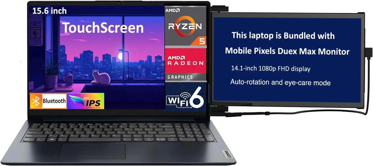 Main image of Lenovo Ideapad 1 Everyday Value Laptop 15.6" Touchscreen IPS FHD Display (AMD Ryzen 5 7520U, 8GB LPDDR5, 1TB PCIe SSD, AMD Radeon, WiFi 6, Webcam, Win 11 Home S-Mode) w/Duex Max DS Monitor