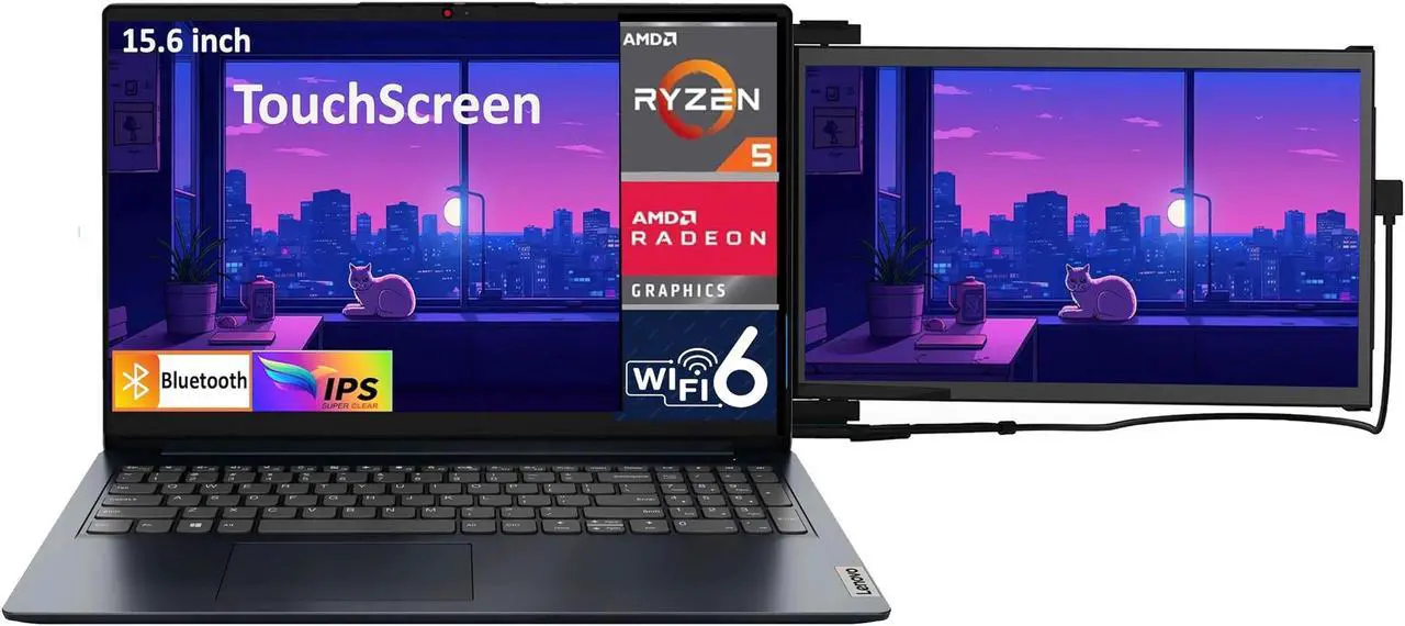 Alt view image 3 of 7 - Lenovo Ideapad 1 Everyday Value Laptop 15.6" Touchscreen IPS FHD Display (AMD Ryzen 5 7520U, 8GB LPDDR5, 1TB PCIe SSD, AMD Radeon, WiFi 6, Webcam, Win 11 Home S-Mode) w/Duex Max DS Monitor