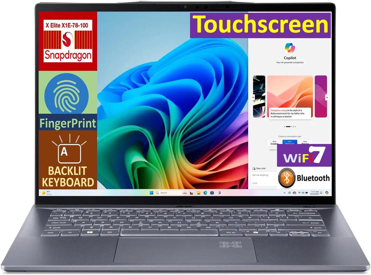 Main image of Acer Swift 14 AI Powered Laptop 14.5 Touchscreen IPS WQXGA Display (Qualcomm Snapdragon X Elite X1E-78-100, 16GB LPDDR5X, 2TB PCIe SSD, Qualcomm Adreno GPU, Backlit KB, Fingerprint, Win 11 Pro)