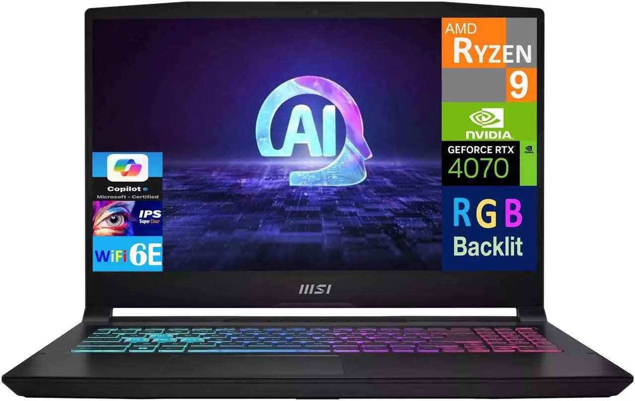 Main image of MSI Katana A15 AI B8VG-423US AI Gaming Laptop 15.6" 144Hz IPS FHD Display (AMD Ryzen 9 8945HS, GeForce RTX 4070 8GB, 32GB DDR5, 4TB PCIe SSD, RGB KB, WiFi 6E, Webcam, Bluetooth 5.3, Win 11 Pro)