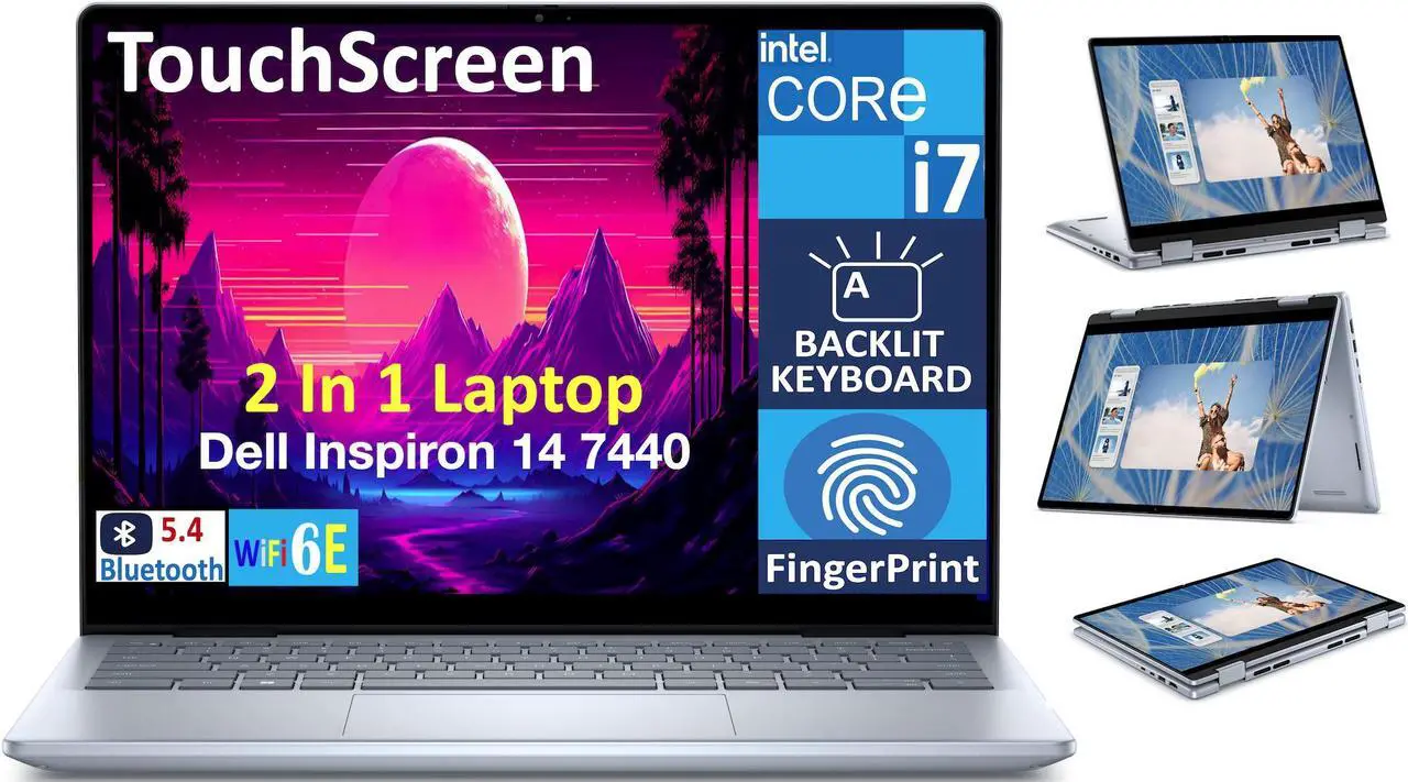 Main image of Dell Inspiron 14 7440 Business 2-in-1 Laptop 14.0" Touchscreen WUXGA Display (Intel Core 7 150U, 32GB DDR5, 2TB PCIe SSD, Backlit KB, Fingerprint, WiFi 6E, Webcam, Bluetooth 5.3, Win 11 Pro) (Renewed)