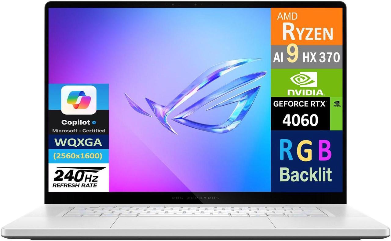 Main image of ASUS ROG Zephyrus G16 Gaming Laptop 16.0" 240Hz AMOLED WQXGA Display (AMD Ryzen AI 9 HX 370, GeForce RTX 4060 8GB, 16GB LPDDR5X, 2TB PCIe SSD, RGB KB, WiFi 7, Webcam, Bluetooth 5.4, Win 11 Home)