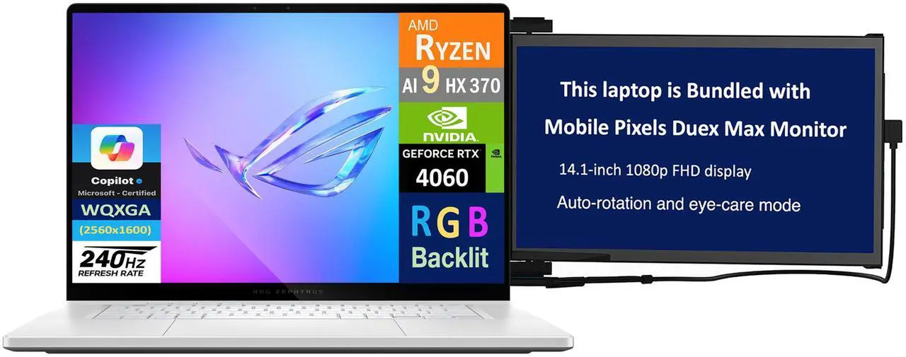 Main image of ASUS ROG Zephyrus G16 Gaming Laptop 16.0" 240Hz AMOLED WQXGA Display (AMD Ryzen AI 9 HX 370, GeForce RTX 4060 8GB, 16GB LPDDR5X, 2x512GB PCIe SSD (1TB), RGB KB, Win 11 Home) w/Duex Max DS Monitor