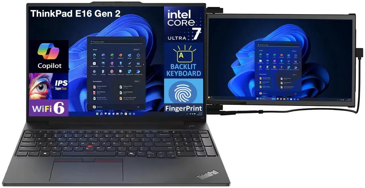 Alt view image 3 of 7 - Lenovo ThinkPad E16 Gen 2 Business Laptop 16.0" IPS FHD Display (Intel Core Ultra 7 155U, 8GB DDR5, 512GB PCIe SSD, Intel Graphics, Backlit KB, Fingerprint, Win 11 Pro) w/Duex Max DS Monitor