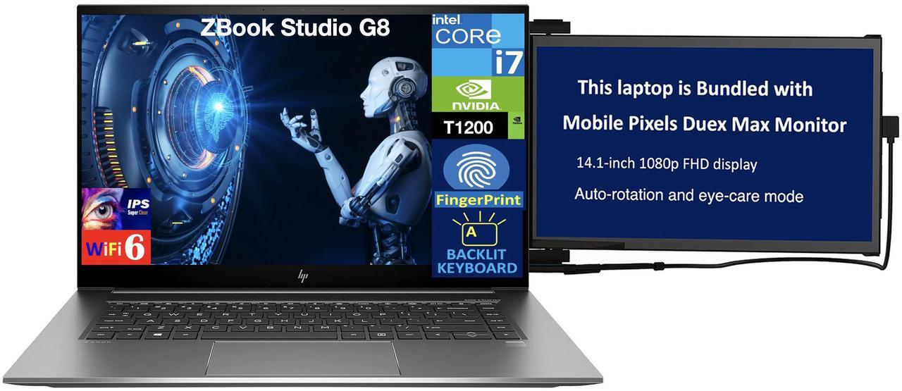 Main image of HP ZBook Studio G8 Workstation Workstation 15.6" 60Hz IPS FHD Display (Intel i7-11850H, NVIDIA T1200 4GB, 32GB DDR4, 512GB SSD, Backlit KB, Fingerprint, Win 10 Pro) w/Duex Max DS Monitor