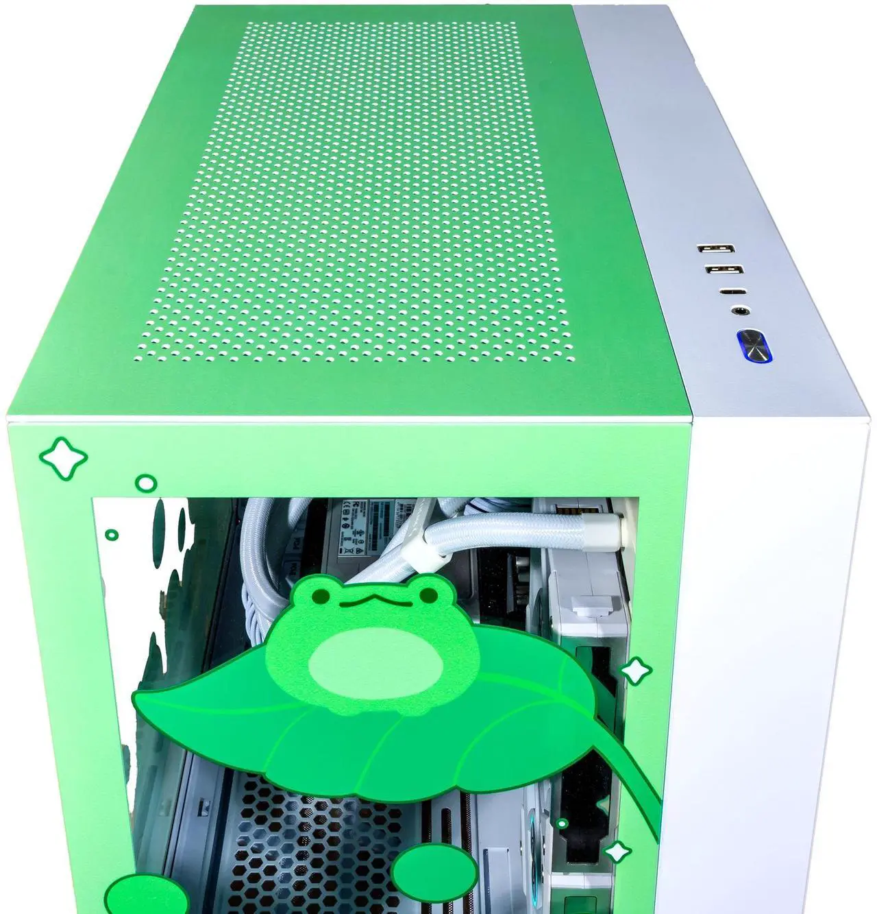 Alt view image 4 of 7 - Velztorm Minty Frog Custom Built Gaming Desktop PC (AMD Ryzen 7 5700X, GeForce RTX 5070, 16GB DDR4, 1TB PCIe SSD + 2TB HDD, RGB Fans, 240mm AIO, 850W PSU, WiFi 5, Bluetooth 5.0, RJ-45, Win 11 Pro)