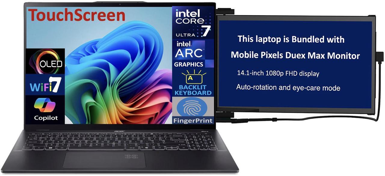 Main image of Acer Swift 16 AI AI PC Laptop 16.0" Touchscreen OLED 2.8K Display (Intel Ultra 7-256V, 16GB LPDDR5X, 2TB PCIe SSD, Intel Arc, Backlit KB, Fingerprint, Win 11 Home) w/Duex Max DS Monitor