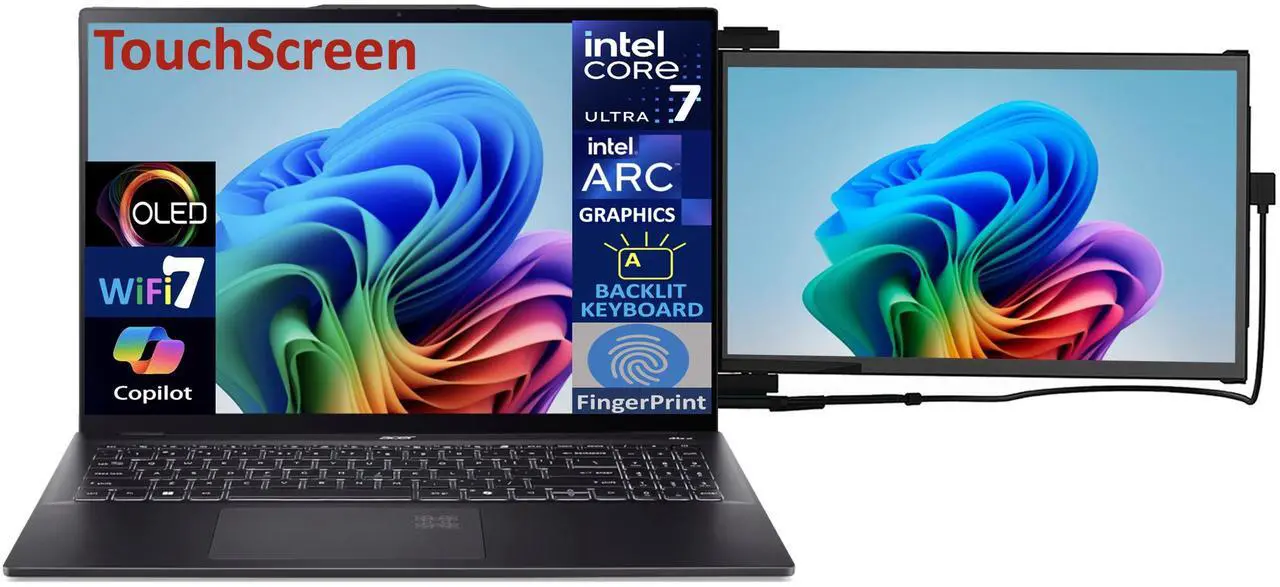 Alt view image 3 of 7 - Acer Swift 16 AI AI PC Laptop 16.0" Touchscreen OLED 2.8K Display (Intel Ultra 7-256V, 16GB LPDDR5X, 2TB PCIe SSD, Intel Arc, Backlit KB, Fingerprint, Win 11 Home) w/Duex Max DS Monitor