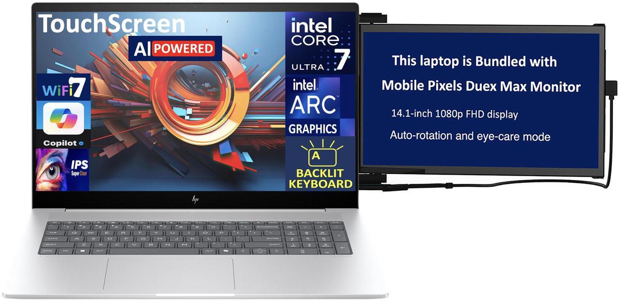 Main image of HP Envy AI Powered Laptop 17.3" Touchscreen IPS FHD Display (Intel Ultra 7-155H, 64GB DDR5, 2TB PCIe SSD, Intel Arc, Backlit KB, Thunderbolt 4, WiFi 7, Webcam, Win 11 Home) w/Duex Max DS Monitor