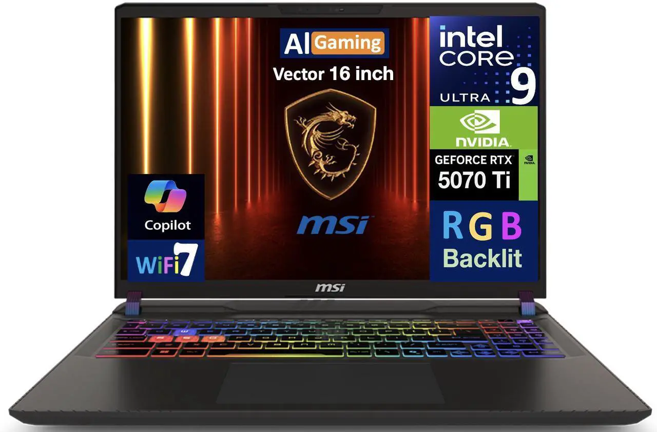 Main image of MSI Vector AI Gaming Laptop 16.0" 240Hz WQXGA Display (Intel Ultra 9- 275HX, NVIDIA GeForce RTX 5070 Ti 12GB, 64GB DDR5, 2x2TB PCIe SSD (4TB), RGB KB, 2 Thunderbolt 4, WiFi 7, Webcam, Win 11 Pro)