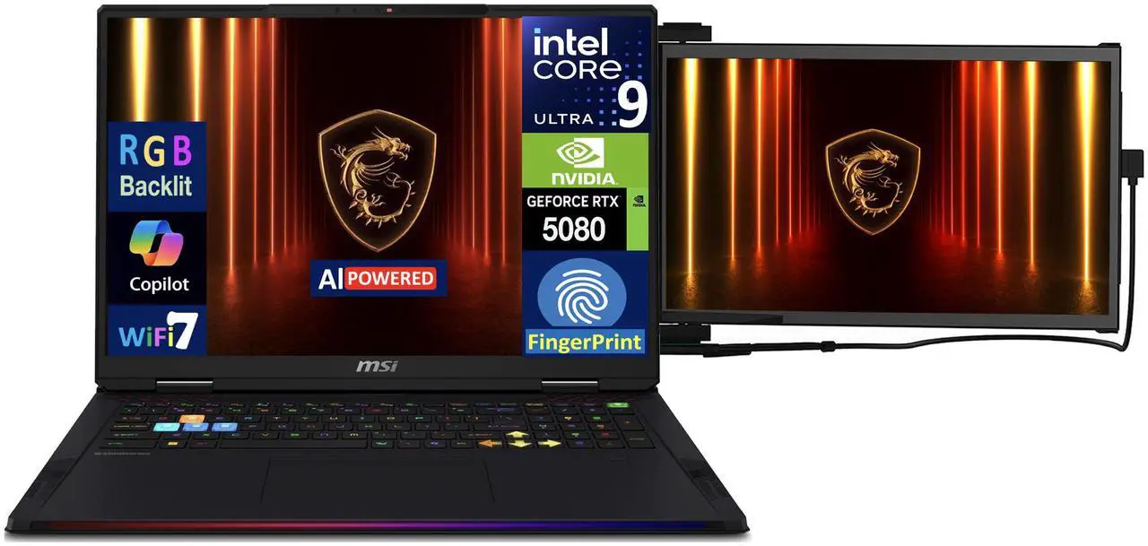 Alt view image 3 of 7 - MSI Raider AI Gaming Laptop 18" 120Hz Mini LED 4K Display (Intel Ultra 9- 285HX, NVIDIA GeForce RTX 5080 16GB, 64GB DDR5, 2x 2TB SSD, Backlit KB, Fingerprint, Win 11 Home) w/Duex Max DS Monitor
