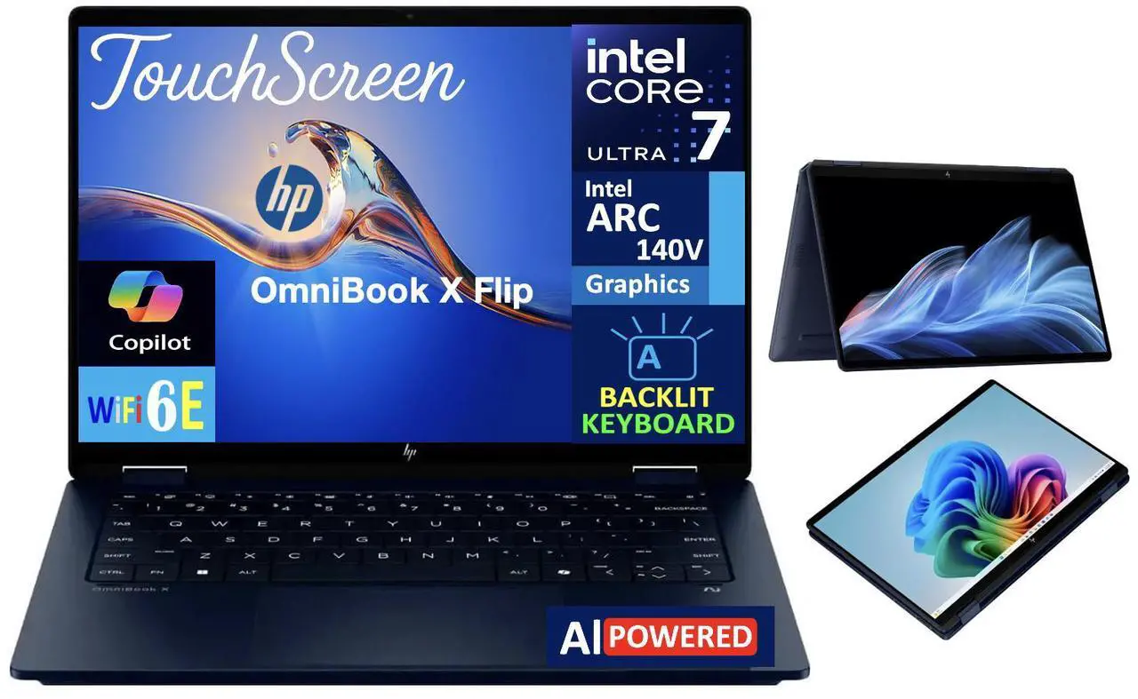 Main image of HP OmniBook X Flip 2-in-1 AI PC 2-in-1 Laptop 14.0" Touchscreen IPS WUXGA Display (Intel Ultra 7-256V, 16GB LPDDR5X, 1TB PCIe SSD, Backlit KB, Thunderbolt 4, WiFi 6E, Webcam, Win 11 Pro)