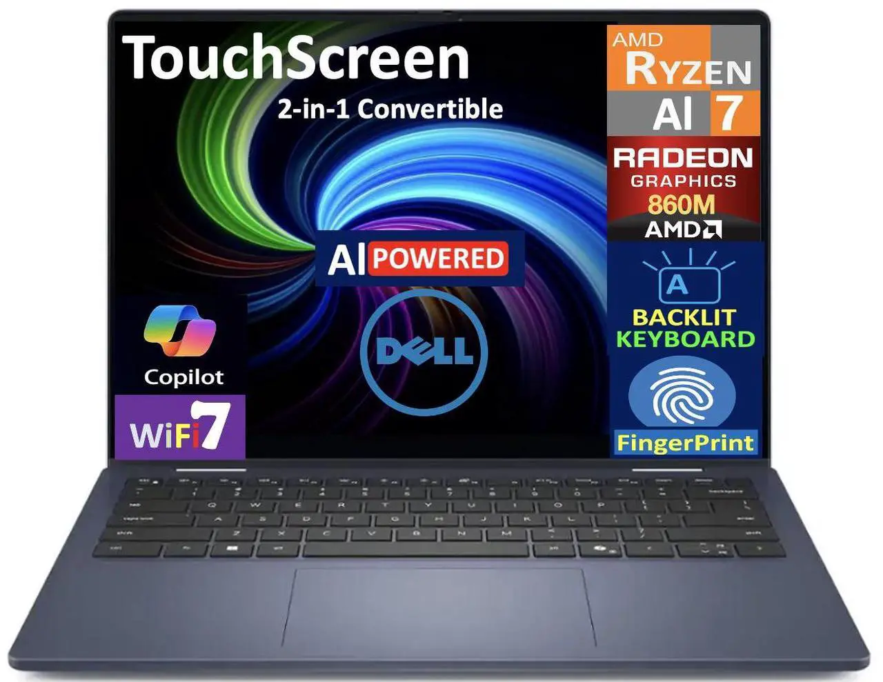 Main image of Dell 14 AI Business 2-in-1 Laptop 14.0" Touchscreen LCD WUXGA Display (AMD Ryzen AI 7 350, 16GB LPDDR5X, 1TB M.2  PCIe SSD, Backlit KB, Fingerprint, WiFi 7, Webcam, Bluetooth 5.4, Win 11 Pro)