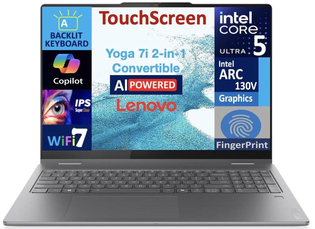 Main image of Lenovo Yoga AI Powered 2-in-1 Laptop 16.0" Touchscreen IPS WUXGA Display (Intel Ultra 5-226v, 16GB LPDDR5X, 512GB SSD, Backlit KB, Fingerprint, 2 Thunderbolt 4, WiFi 7, Webcam, Win 11 Home)