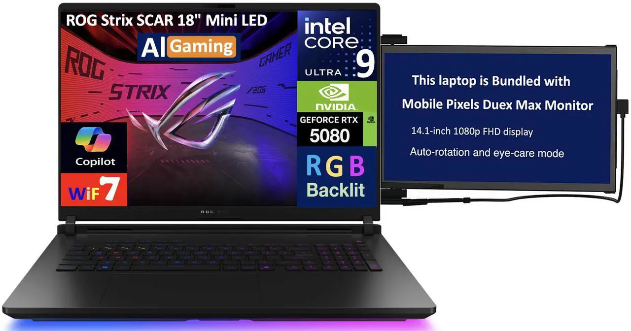 Main image of ASUS ROG Strix SCAR AI Gaming Laptop 18" 240Hz Mini LED WQXGA Display (Intel Ultra 9- 275HX, NVIDIA GeForce RTX 5080 16GB, 32GB DDR5, 2x1TB PCIe SSD (2TB), RGB KB, Win 11 Pro) w/Duex Max DS Monitor