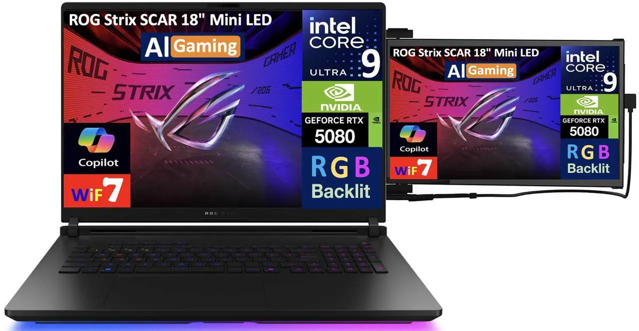 Alt view image 3 of 7 - ASUS ROG Strix SCAR AI Gaming Laptop 18" 240Hz Mini LED WQXGA Display (Intel Ultra 9- 275HX, NVIDIA GeForce RTX 5080 16GB, 32GB DDR5, 2x1TB PCIe SSD (2TB), RGB KB, Win 11 Pro) w/Duex Max DS Monitor