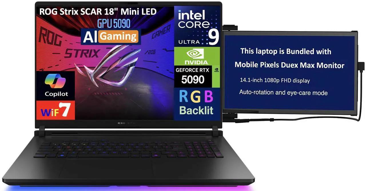 Main image of ASUS ROG Strix SCAR AI Gaming Laptop 18" 240Hz Mini LED WQXGA Display (Intel Ultra 9- 275HX, NVIDIA GeForce RTX 5090 24GB, 32GB DDR5, 2TB SSD, RGB KB, Win 11 Pro) w/Duex Max DS Monitor