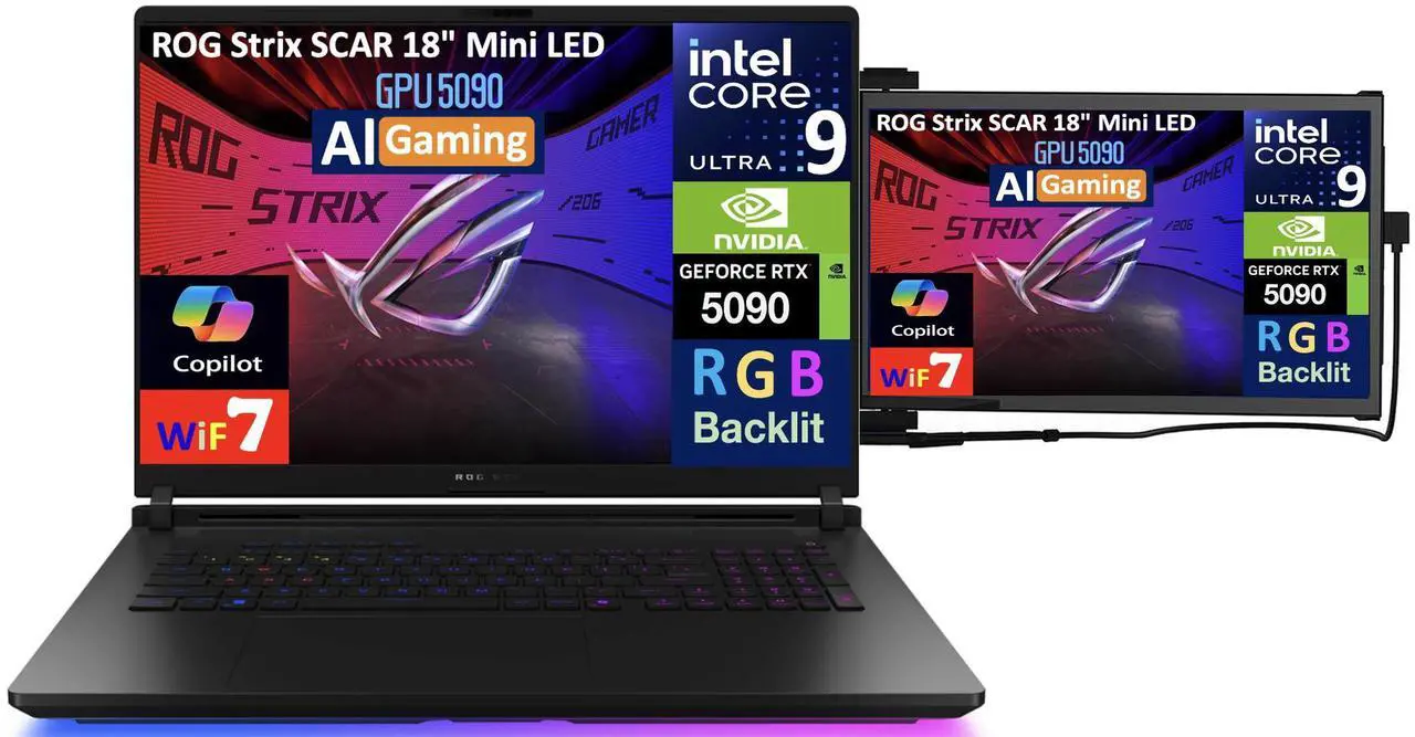Alt view image 3 of 7 - ASUS ROG Strix SCAR AI Gaming Laptop 18" 240Hz Mini LED WQXGA Display (Intel Ultra 9- 275HX, NVIDIA GeForce RTX 5090 24GB, 32GB DDR5, 2TB SSD, RGB KB, Win 11 Pro) w/Duex Max DS Monitor