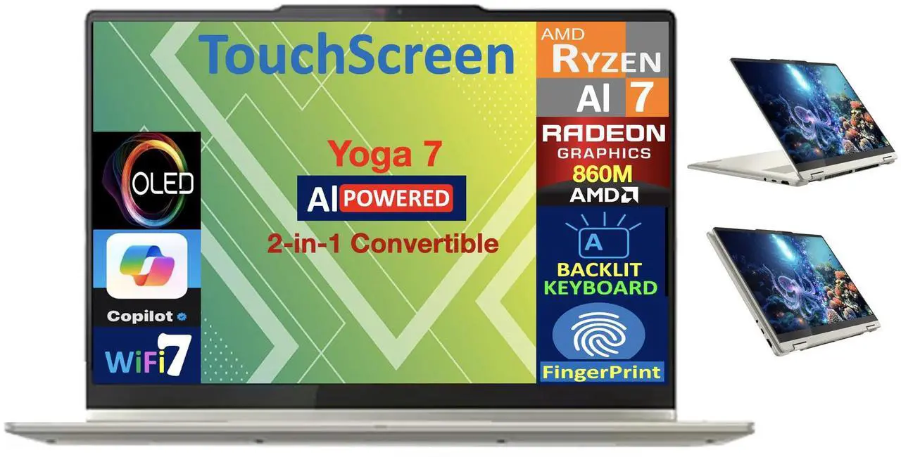 Main image of Lenovo Yoga 7 AI Powered 2-in-1 Laptop 14.0" Touchscreen OLED WUXGA Display (AMD Ryzen AI 7 350, 16GB LPDDR5X, 1TB SSD, Backlit KB, Fingerprint, WiFi 7, Webcam, Bluetooth 5.4, Win 11 Home)